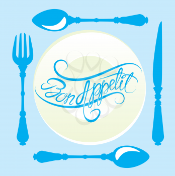 Bon appetit! Calligraphic text on plate with fork, knife and spoon, design for cafe or restaurant menu cover in blue colors.