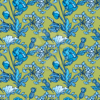 Seamless pattern with flowers - poppy and sweet pea in blue colors - hand drawn background.