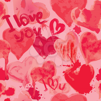 Seamless pattern with grunge aquarelle hearts and words  I LOVE YOU - Valentines Day Background.