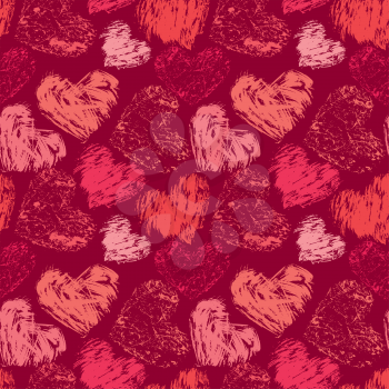 Seamless abstract pattern with grunge colorful hearts on red background.