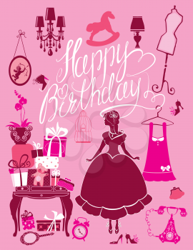 Princess Room with glamour accessories, furniture, cage, gift boxes, pictures. Princess girl - silhouette on pink background. Handwritten calligraphic text Happy Birthday. Holiday card for girls.