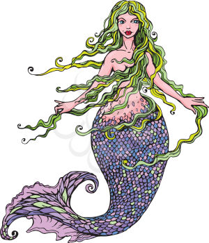 Hand drawn Illustration of a Beautiful mermaid girl isolated on white background.