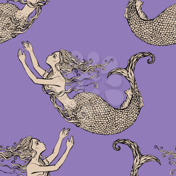 Seamless pattern with Beautiful mermaid girls. Hand drawn Illustration. Fairy tale background