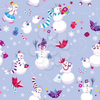 Seamless pattern for New Year or Christmas holiday design. Winter background with cute snowmen.
