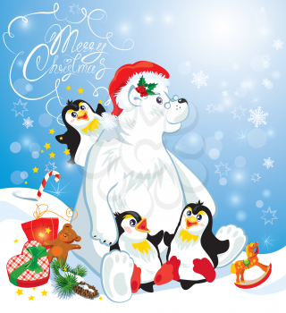 Card with funny penguins and polar bear with presents on blue snow background, cartoons for winter, Christmas or New Year design. Hand written text Merry Christmas.