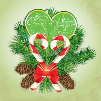 Card with candys in heart shape and fir-tree branches. Hand written text Merry Christmas and Happy New Year - holidays design. 