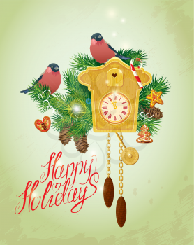 Card with vintage wooden Cuckoo Clock,  xmas gingerbread, candy, fir-tree branches and bullfinch birds. Hand written text Happy Holidays. Elements for Christmas and New Year holidays design. 