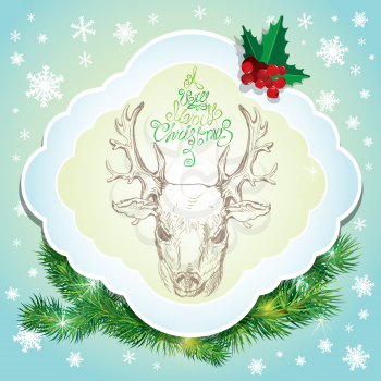 Holiday card with deer sketch and handwritten calligraphic text A Very Merry Christmas