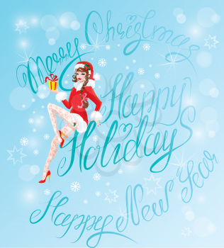 Brunette Pin Up Christmas Girl wearing Santa Claus suit and stockings carrying christmas present on blue background with snowflakes.  Handwritten text Happy holidays, Merry Christmas and happy New Yea