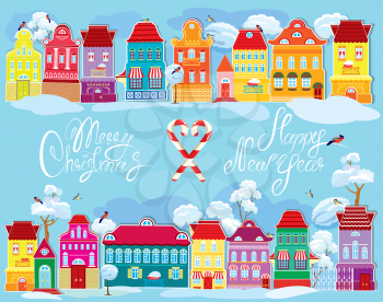 Christmas and New Year holidays card with small fairy town on light blue background with decorative colorful houses in winter time. 