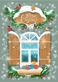 Christmas and New Year card with wooden frosty window, fir tree branches, birds and snowflakes.
