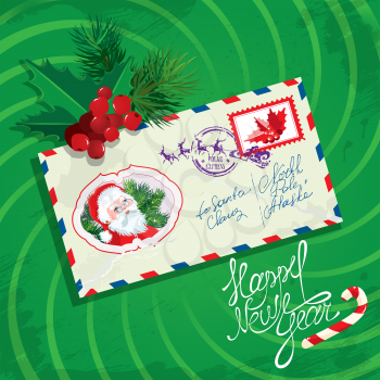 Christmas and New Year card with envelope, christmas holly and fir tree branches on green background. 