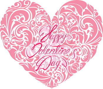 Pink ornamental floral heart with calligraphic text Happy Valentine`s Day, isolated on white background. 