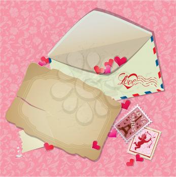 Vintage postcard, envelope, post stamps, paper hearts - Background for Valentines Day or wedding design.