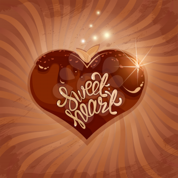 Abstract picture with heart  in chocolate glaze on retro striped  background. Calligraphic text Sweet Heart. Valentines Day vintage card.