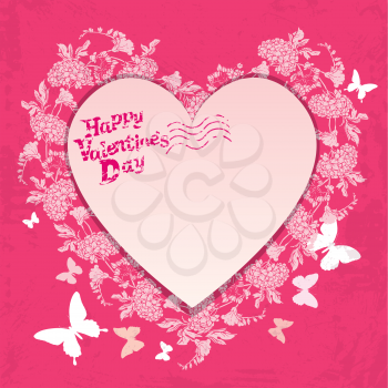 Floral card with heart frame on pink background with  flowers and butterfly, printed grunge text Happy Valentines day, Design for greeting cards, invitations, posters, prints.