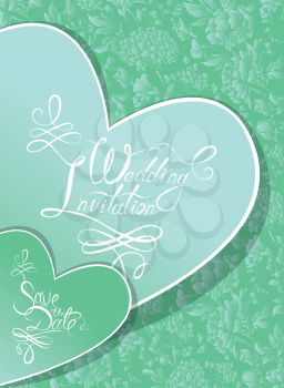 Wedding Invitation Card with hearts and calligraphic text Save the Date on green floral background.