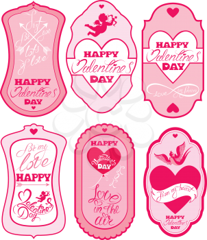 Set of holiday banners and labels in pink colors. Frames, borders, cards with Handwritten calligraphic text Happy Valentines Day.