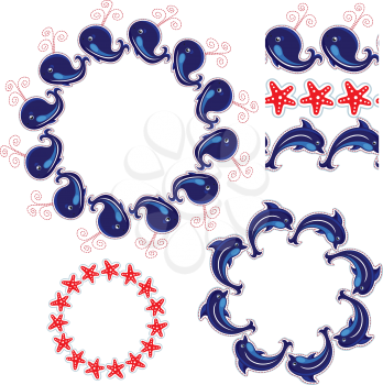 Set of elements, borders with whale, dolphin and sea star - ornamental backgrounds.