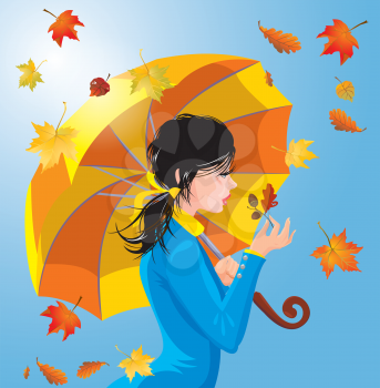 Girl with umbrella on blue sky background with leaves, autumn season.