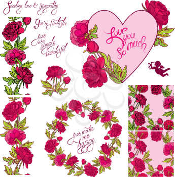 Decorative handdrawn floral heart, border, frame and seamless pattern with dahlia flowers, calligraphic texts, isolated on white background. Set of ornaments and elements for holiday, love design.