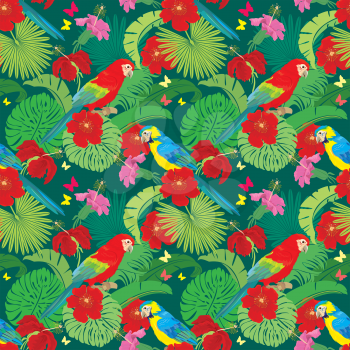 Seamless pattern with palm trees leaves, Frangipani flowers and Blue Yellow and Red Blue Macaw parrots. Element for summer, travel and vacation design.