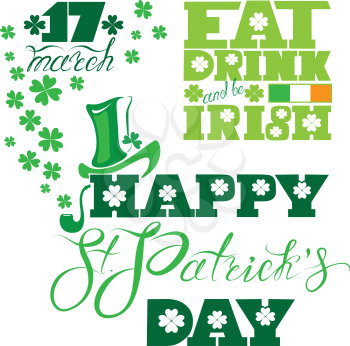 Holiday card with calligraphic words Happy St. Patrick`s Day, Eat, Drink and be Irish. Shamrock, hat, flag icon. White background.