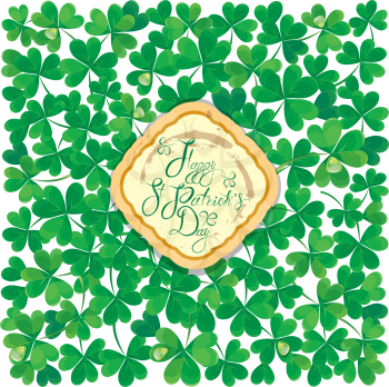 Holiday card with calligraphic words Happy St. Patrick`s Day in grundy frame. Shamrock green leaves  pattern on white background.