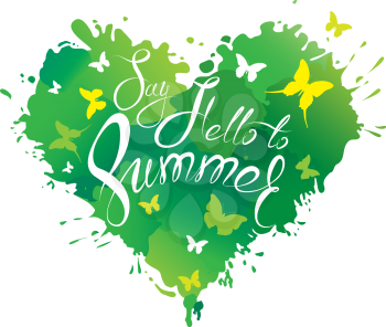 Heart shape is made of brush strokes and blots in green colors and handwritten text Say Hello to Summer - element for travel and vacation design. 