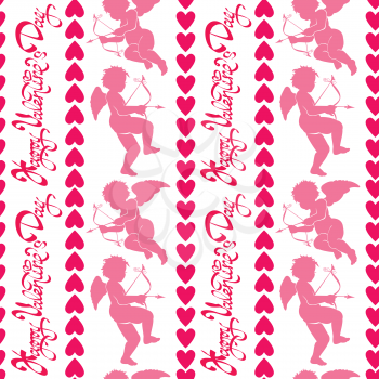 Seamless pattern with silhouettes of angel and heart. Calligraphic text Happy Valentine s Day, pink background, Love concept.