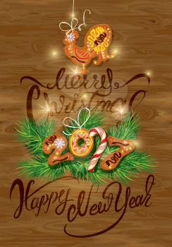 Hand written calligraphic text Merry Christmas and Happy New Year 2017, on wooden background. Year number as cookies. Winter holidays design. Stylized rooster from Chinese calendar.