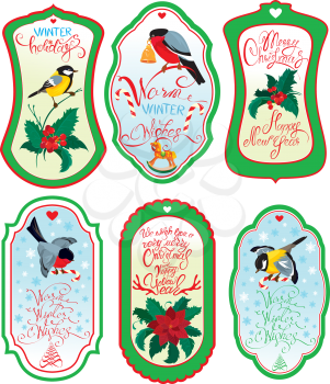 Set of vertical banners or labels with calligraphic text, holly berries and bullfinch birds on light blue or yellow background. Images for Christmas and New Year design. 