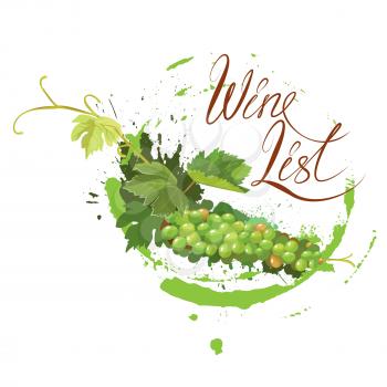 Bunch of green grapes with leaves and wine stain isolated on white background. Handdrawn text Wine list. Element for restaurant, bar, cafe menu or label.