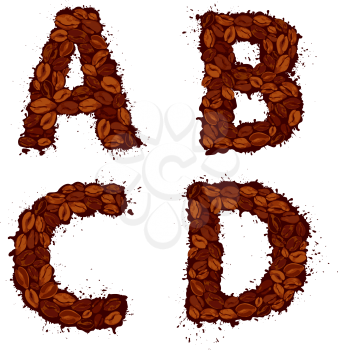 ABCD, english alphabet letters, made of coffee beans, in grunge style, isolated on white background 