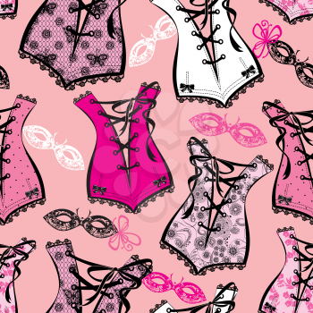 Seamless pattern with beautiful retro corsets and ornamental venetian masks on pink background. Vintage style.