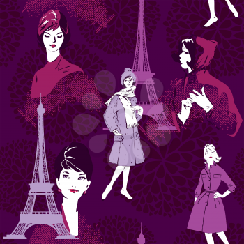 Seamless pattern with retro Fashion Woman portraits and city landscape with Effel Tower on a purple floral background.