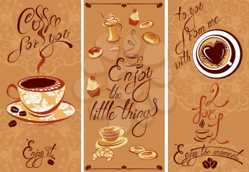 Set of Template Flayer or Menu design for coffeehouse. Background for restaurant or cafe. Hand written calligraphic text Enjoy the moment, Coffee for you, etc.