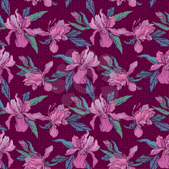 Seamless pattern with orchid flowers on violet background. Luxery background for summer holidays or vacation design.