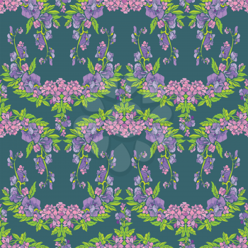 Seamless pattern with flowers on blue backdrop - hand drawn background.