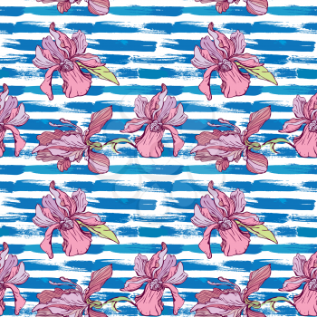 Seamless pattern with orchid flowers on the striped grunge blue and white nautical background.Background for summer holidays or vacation design.