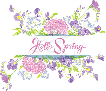 Rectangular frame with flowers and calligraphic handwritten text Hello Spring, isolated on white background. Seasonal design.