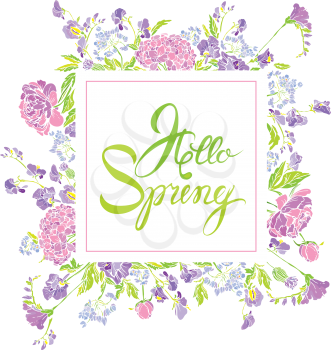 Square frame with flowers and calligraphic handwritten text Hello Spring, isolated on white background. Seasonal design.