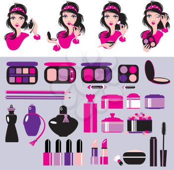 Cosmetics and makeup set. Elements for make up, lipstick, nail polish. Beauty products symbols. Fashion style. Girl portraits, isolated images.