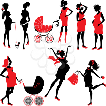 Set of  pregnant woman Silhouettes in black and red colors, isolated on white background. Elements for Life style design. Walking with buggy, shopping, chatting.