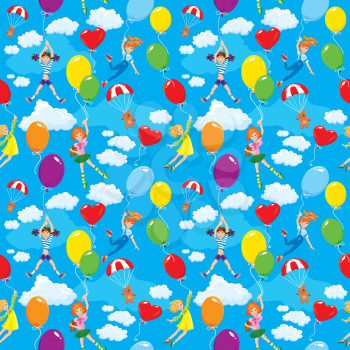 Seamless pattern with clouds, colorful balloons, parachute and cute girls with teddy bears on sky blue background. 
