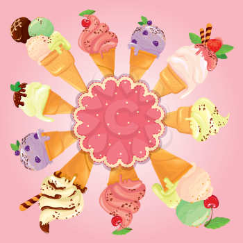 Greeting card with round frame and ice cream cones on pink background. Holiday, summer season or Happy Birthday design.