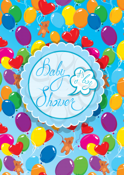 Baby Shower with round frame, air balloons and Teddy bears on blue background. Calligraphic text Its a boy. Congratulations on the birth of babyboy. 