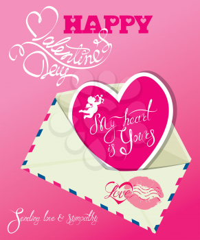Vintage card with envelope, and pink paper heart. Calligraphic hand written text Happy Valentines Day, My Heart is yours, Sending love and sympathy. 