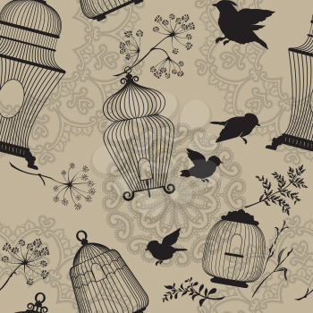 Seamless pattern with decorative bird cage black Silhouettes, flying birds, plants on beige background with mandala ornaments. Fabric print. Repeating wallpaper.