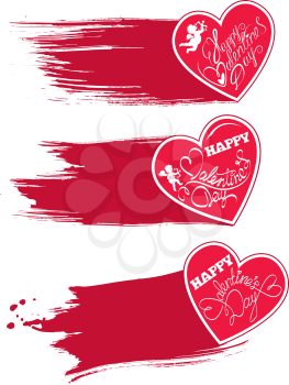 Set of 3 red hearts with watercolor style strokes and drops. Hand written calligraphic text Happy Valentines Day, angel silhouette. Greeting horizontal Banner isolated on white background.